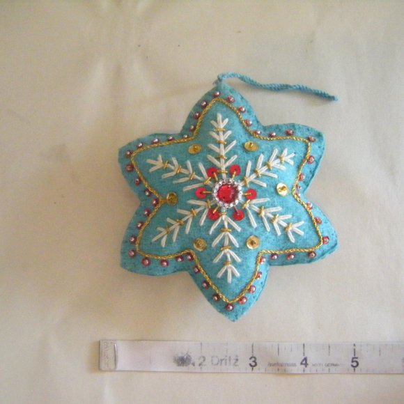 Blue Embroidered Fabric Star Snowflake Ornament - Picture 4 of 5